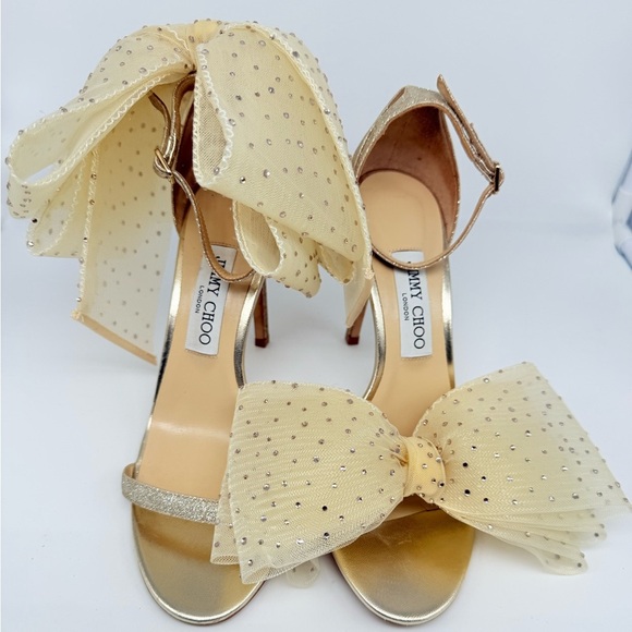JIMMY CHOO Ivory Gold Aveline 100 bow Crystal embellished bow sandals EU 38.5 - Picture 5 of 13